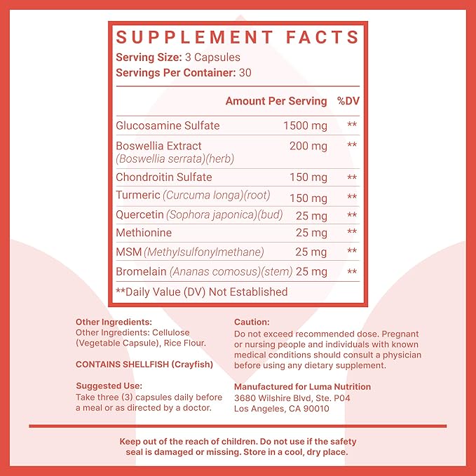 Luma Nutrition Glucosamine Chondroitin MSM - Turmeric, Boswellia - Premium Supplement - for Men and Women - Joint Supplement - 90 Capsules