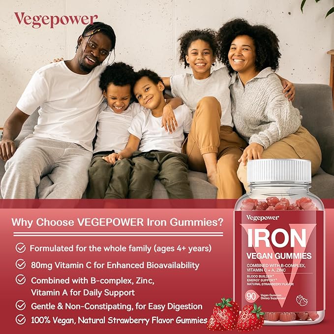 Iron Gummies Supplements for Women & Kids - Multivitamin with Iron for Blood Oxygen, Great Tasting Iron Gummy Vitamins with Vitamin C for Max Absorption - Vegan Iron Chewable (180 Count, Strawberry)