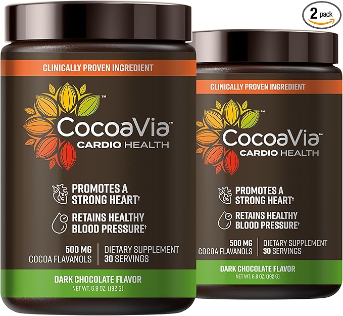 CocoaVia Cardio Health Cocoa Powder, 60 Servings, 500mg Cocoa Flavanols, Support Heart Health, Boost Nitric Oxide, Improve Circulation, Energy, Preworkout, Vegan, Dark Chocolate Cacao