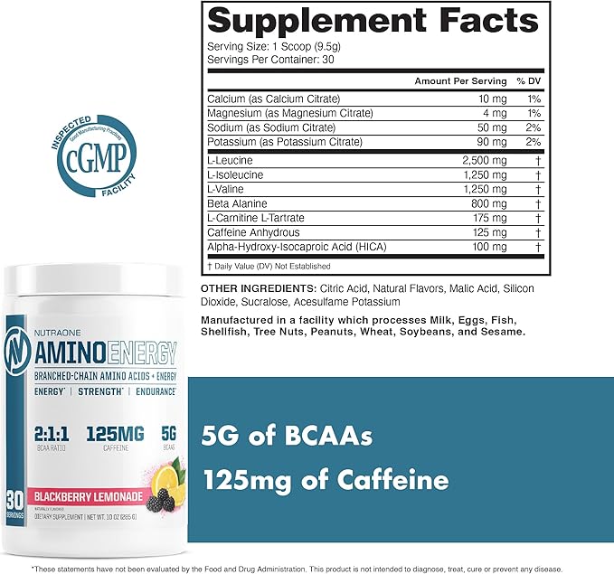 NutraOne Amino Energy BCAA Powder Pre-Workout Supplement with Caffeine Branched Chain Amino Acids to Help Fuel and Recover* (BlackBerry Lemonade - 30 Servings)
