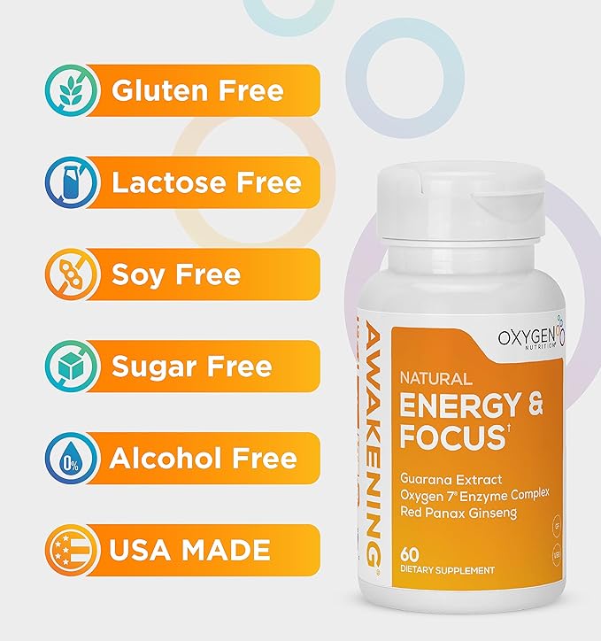 Awakening Natural Energy & Focus Nootropic Supplement with Panax Ginseng, Guarana Extract & Chromium Picolinate | Brain Supplement for Focus, Energy, Mood & Clarity | Gluten Free Veggie, USA - 60 Caps