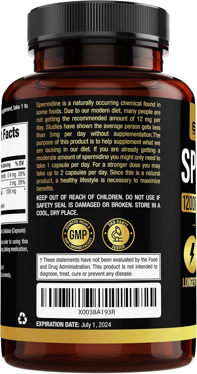 Spermidine Supplements 1200mg (90 Capsules) – Anti Aging - 3rd Party Tested (12mg Spermidine Powder) Max Purity - 100% Pure Espermidina- Fermented Wheat Germ Extract - NMN Alternative