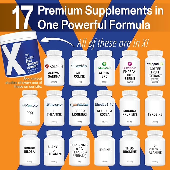 X - The Ultimate Brain Performance Enhancer — World's Most Powerful Brain Supplement Capsule - Increase Focus, Energy, Memory, Concentration, Productivity - Backed by Science - Nootropic Stack