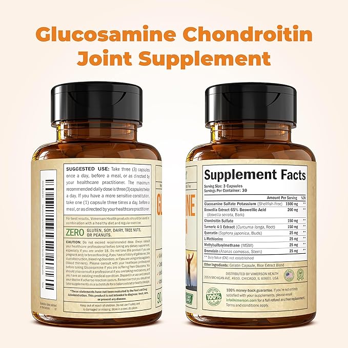Glucosamine Chondroitin MSM and Turmeric Supplement - Joint Support Supplement for Women & Men with Boswellia & Glucosamine Sulfate 1500 mg. Used for Cartilage & Joint Health & Flexibility 90 Capsules