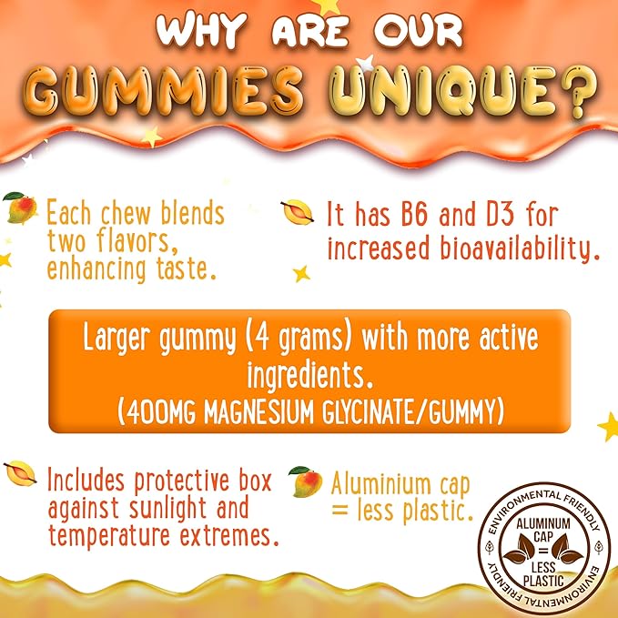 Magnesium Glycinate Gummies 400mg - Magnesium for Sleep, Calm, Relax & Muscle Relief with B6 & D3 and No Melatonin - Family-Friendly for Kids, Teens & Adults - Vegan & Non-GMO Supplement - 60 Count