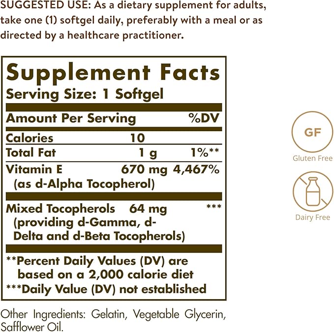 Solgar Vitamin E 670 mg (1000 IU), 100 Mixed Softgels - Natural Antioxidant, Skin & Immune System Support - Naturally-Sourced Vitamin E - Gluten /Dairy Free - 100 Servings
