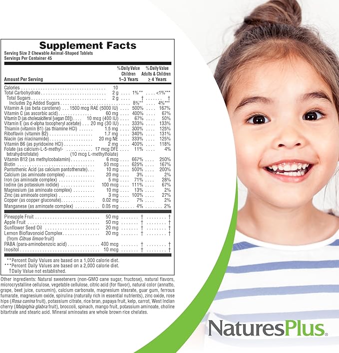 NaturesPlus Animal Parade Children's Chewable Multivitamin - 90 Animal-Shaped Tablets - Natural Assorted Flavors - Vegan, Gluten Free - 45 Servings