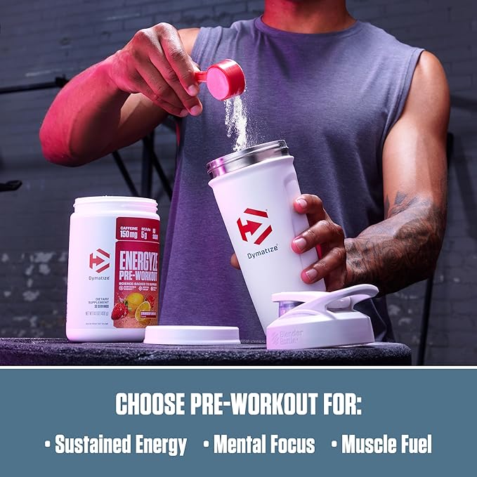 Dymatize Energyze Pre Workout Powder for Men and Women, Strawberry Lemonade Flavor, 150mg Caffeine, 5g BCAAs, Performance Blend of L-Theanine, L-Tyrosine, L-Citrulline, No Sugar, 30 Servings