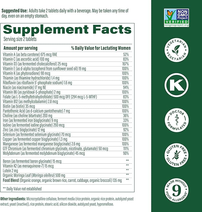 MegaFood Baby & Me 2 Postnatal Vitamins for Breastfeeding Moms with Folate (Folic Acid Natural Form), Choline, Iodine, Vitamin D, Moringa Leaf and More - 60 Tabs (30 Servings)