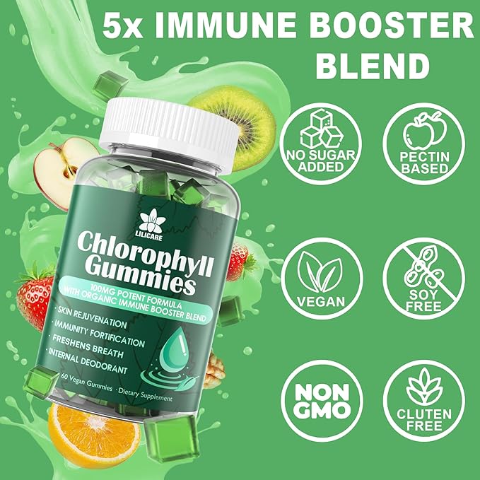 Sugar Free Chlorophyll Gummies - with Unfiltered ACV, Sea Moss & Elderberry, Echinacea, Vitamin D3, C, E, B12 - Natural Deodorant, Breathe Fresh, Immune & Digestion Support, Chlorophyll Chews 2Pack