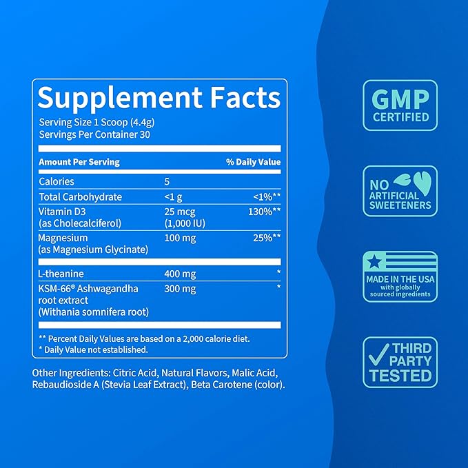 Nello Supercalm Powdered Drink Mix, Tropical Tangerine, L Theanine, Ksm-66 Ashwagandha, Magnesium Glycinate, Vitamin D 3, Supplements for Relaxation & Focus, Natural, No Sugar, Non GMO, Vegan, 30 Srvg