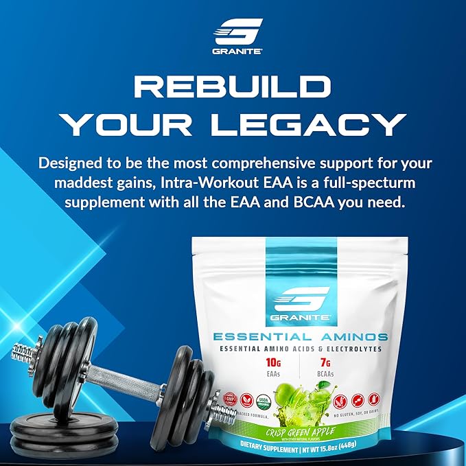Granite 10g Essential Amino Acids Powder | Muscle Recovery Supplement for Muscle Growth | 7g BCAA Powder with Electrolytes | 30 Servings | Green Apple Flavor | Soy & Gluten Free | Made in USA