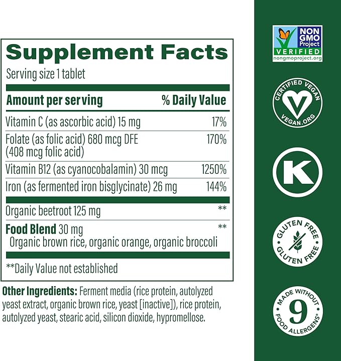 MegaFood Blood Builder - Iron Supplement Clinically Shown to Increase Iron Levels without Side Effects - Iron Supplement for Women with Vitamin C, Vitamin B12 and Folic Acid - Vegan - 60 Tabs