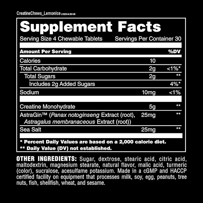 Animal Creatine Chews Tablets - Enhanced Creatine Monohydrate with AstraGin to Improve Absorption, Sea Salt for Added Pumps, Delicious and Convenient Chewable Tablets - Lemon Ice
