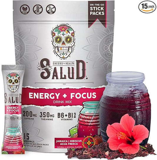 Salud 2-in-1 Energy Drink Powder + Focus, Hibiscus, Organic Caffeine, B6 + B12, Theanine, Clean Energy Drink Packets, Jamaica Agua Fresca Mix, Non-GMO, Gluten Free, Vegan, 1g of Sugar, (15 Servings)