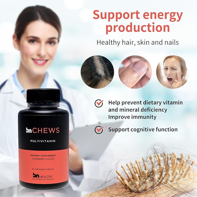 BN Chews Raspberry - Bariatric Multivitamin Chewable with 26 Essential Nutrients: Vitamins A, B6, B12, C, D3, 45 mg Iron & Calcium, Supports Men & Women Health, 60 Count, 30(60) Days Supply