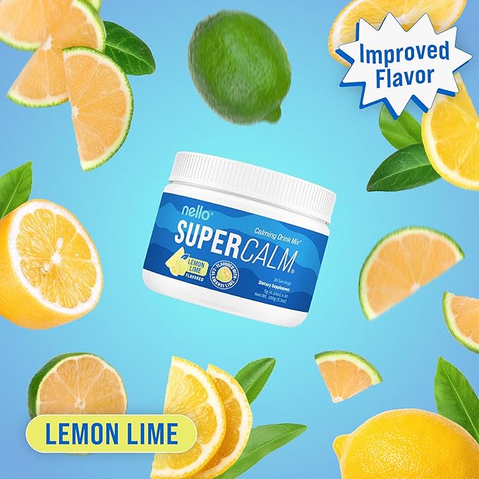 Nello Supercalm Powdered Drink Mix, Lemon Lime, L Theanine, Ksm-66 Ashwagandha, Magnesium Glycinate, Vitamin D 3, Supplements for Relaxation & Focus, Natural, No Sugar, Non GMO, Vegan, 30 Srvgs