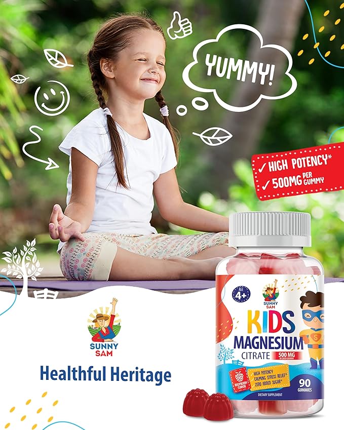Sugar-Free Magnesium Gummies for Kids & Teens - 500mg Calm Magnesium Citrate Gummies - Chewable Magnesium Gummy Supplement for Sleep, Mood & Muscle Support