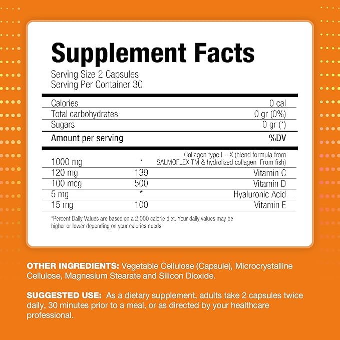 Salmoflex Marine Collagen Peptides with Hyaluronic Acid and Vitamin C, D, E - Salmon Collagen Supplement for Bone and Joint - Hair, Skin and Nail Vitamins - 60 Capsules (Pack of 2)