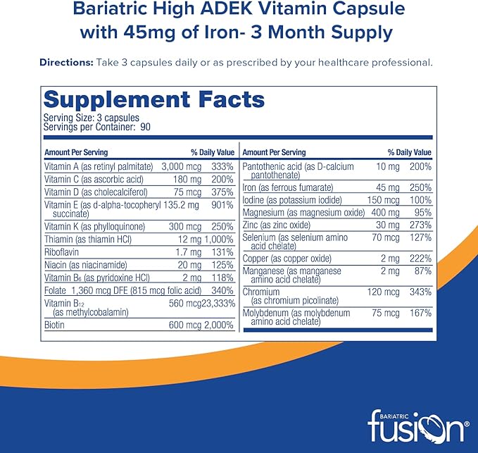 Bariatric Fusion High ADEK Multivitamin with Iron | Bariatric Multivitamin for Duodenal Switch | Easy to Swallow ADEK Vitamins Bariatric | 270 Capsules | Three Month Supply