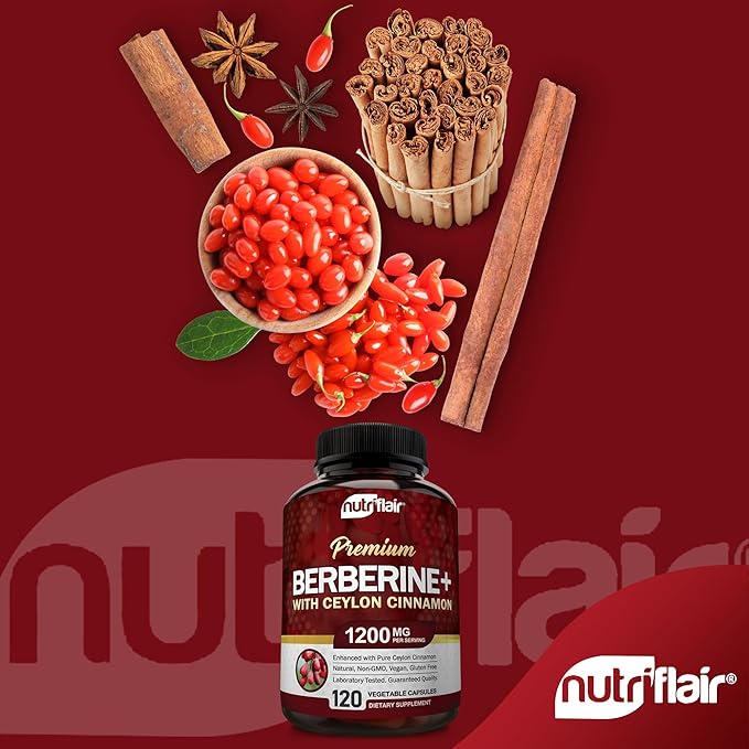 NutriFlair Premium Berberine HCL 1200mg, 120 Capsules - Plus Pure True Ceylon Cinnamon, Berberine HCI Root Supplements Pills - Immune System - yields an Optimal 8% Berberine