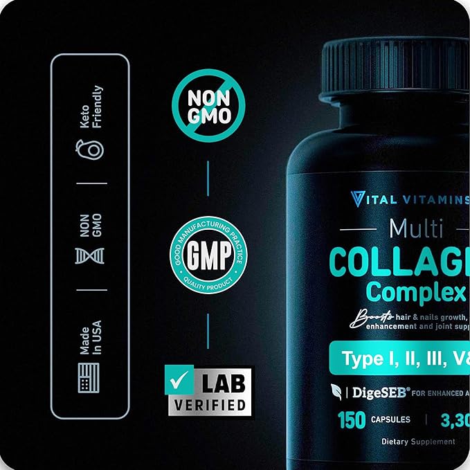 Vital Vitamins Collagen for Women & Men (2 Pack) - Type I, II, III, V, X Multi Collagen Pills - Grass Fed, Non-GMO - 300 Capsules