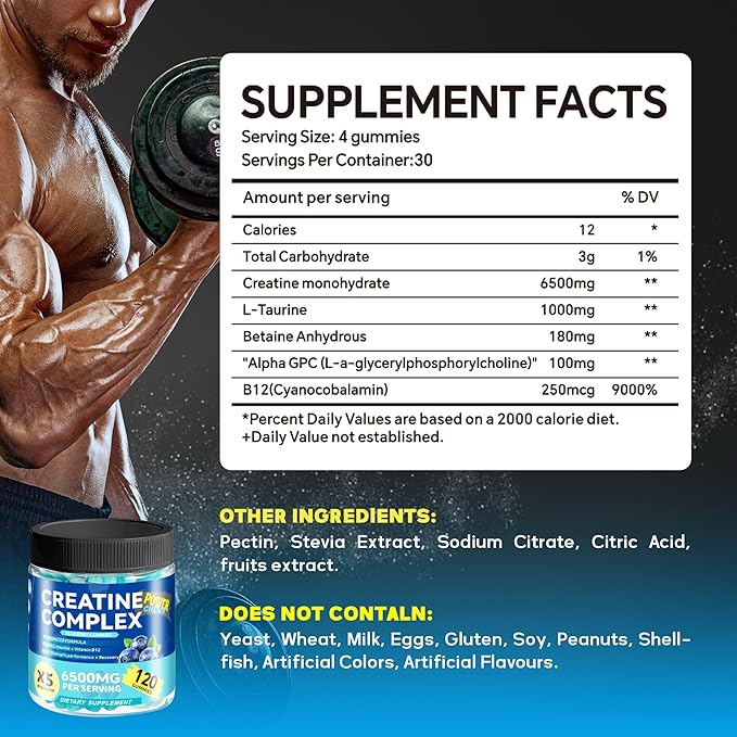 Creatine Monohydrate Gummies 6500mg per Serving for Men & Women - 120 Gummies X5 Strength Sugar Free Chewable Creatine for Muscle Builder, Muscle Strength, Pre-Workout Supplement (Blueberry)