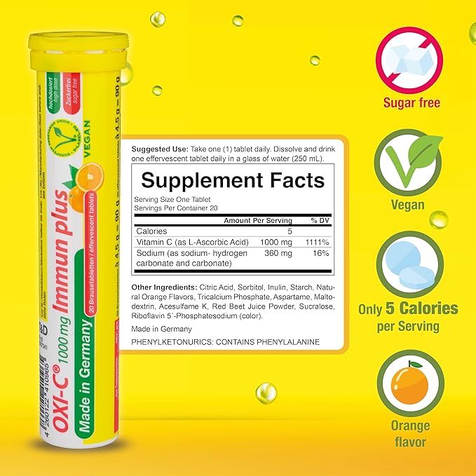 T&D Oxi C 1000 mg Vitamin C - 40 Vegan Drink Effervescent Tablets - Orange Flavor - Made in Germany