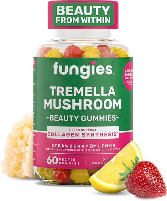 Fungies Tremella Mushroom Gummies, Mixed Strawberry & Lemon Flavor - Mushroom Herbal Supplement Gummy for Adults Supports Collagen Synthesis, Healthy Skin & Healthy Aging - Beauty Gummies 60 Servings
