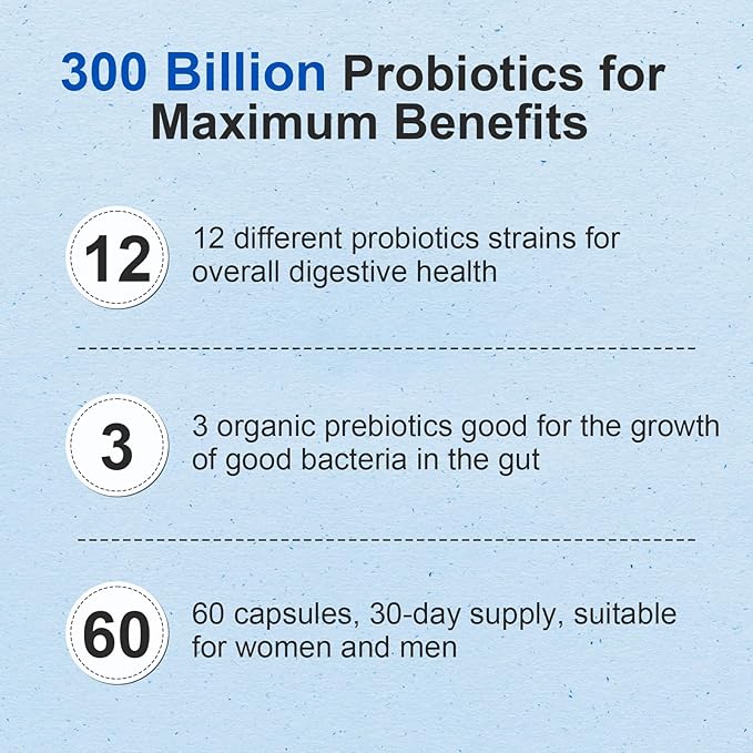 Probiotic 300 Billion CFU - 12 Strains Probiotics with Organic Prebiotics for Digestive & Gut, Immune, Bloating Health - Probiotics for Women and Men - Daily Probiotics Supplement -120 Counts