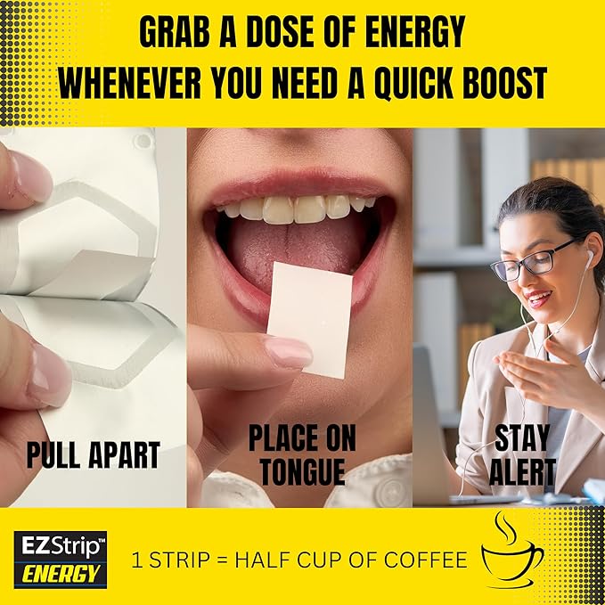 Energy - Energize your Day with 40 mg Caffeine Strips - Energy Supplement for Adults. Mint Flavor. Sugar Free, Gluten Free, Performance Boost. Made in USA in an FDA-Registered Facility - 30 Pk