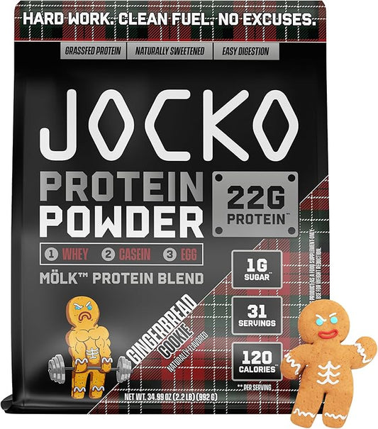 Jocko Mölk Whey Protein Powder - Keto, Probiotics, Grass Fed, Digestive Enzymes, Amino Acids, Sugar Free Monk Fruit Blend - Muscle Recovery & Growth (31 Servings (Pack of 1), Gingerbread Cookie)