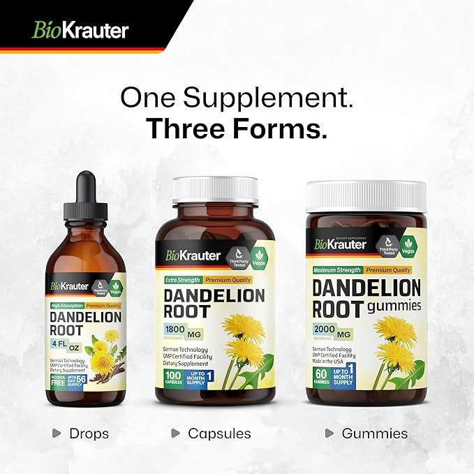 BIO KRAUTER Dandelion Root Capsules - 1800 mg Strength - 100 Count - Dandelion Root Supplement - Vegan Dandelion Powder Capsules for Digestion, Liver Support, Cleansing and Immunity