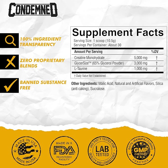 CONDEMNED Labz Locked Down | Creatine Performance Complex | Creatine Monohydrate, Glycerol, Taurine | Enhanced Hydration, Energy & Stamina | 30 Servings (Unflavored)