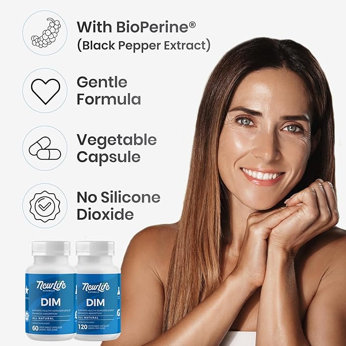NewLife Naturals DIM Supplement 300mg for Women & Men - Hormonal Acne, Estrogen Balance Pills, Post Menopause Relief | Healthy Estrogen Level | Hormonal Balance - Bioperine | PCOS - 60 Day Supply