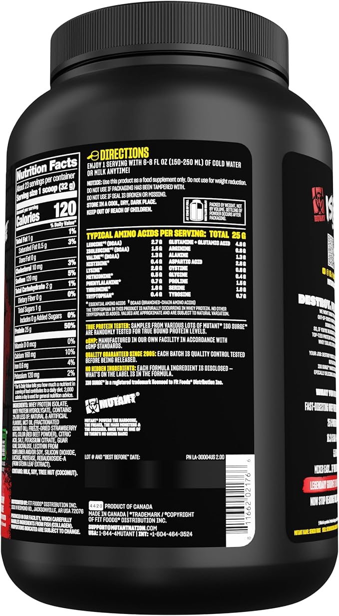 Mutant ISO Surge Whey Protein Isolate Powder Acts Fast to Help Recover, Build Muscle, Bulk and Strength, 1.6 lb - Strawberry Milkshake