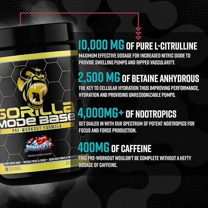 Gorilla Mode Base Pre Workout - Raises Nitric Oxide · Intense Focus & Drive · Endurance · Power - L-Citrulline, L-Tyrosine, Betaine, Alpha-GPC, Caffeine, Huperzine A - 360 Grams (Bombsicle)