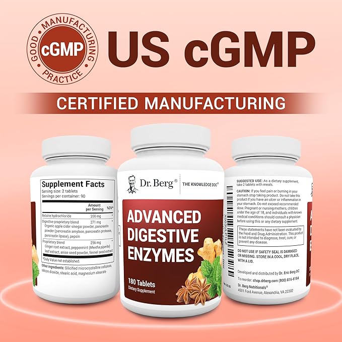 Dr. Berg Advanced Digestive Enzymes with Apple Cider Vinegar - Includes Digestive Health Ingredients Like Betaine Hydrochloride (HCI), Ginger Root & Peppermint Leaf - 180 Tablets