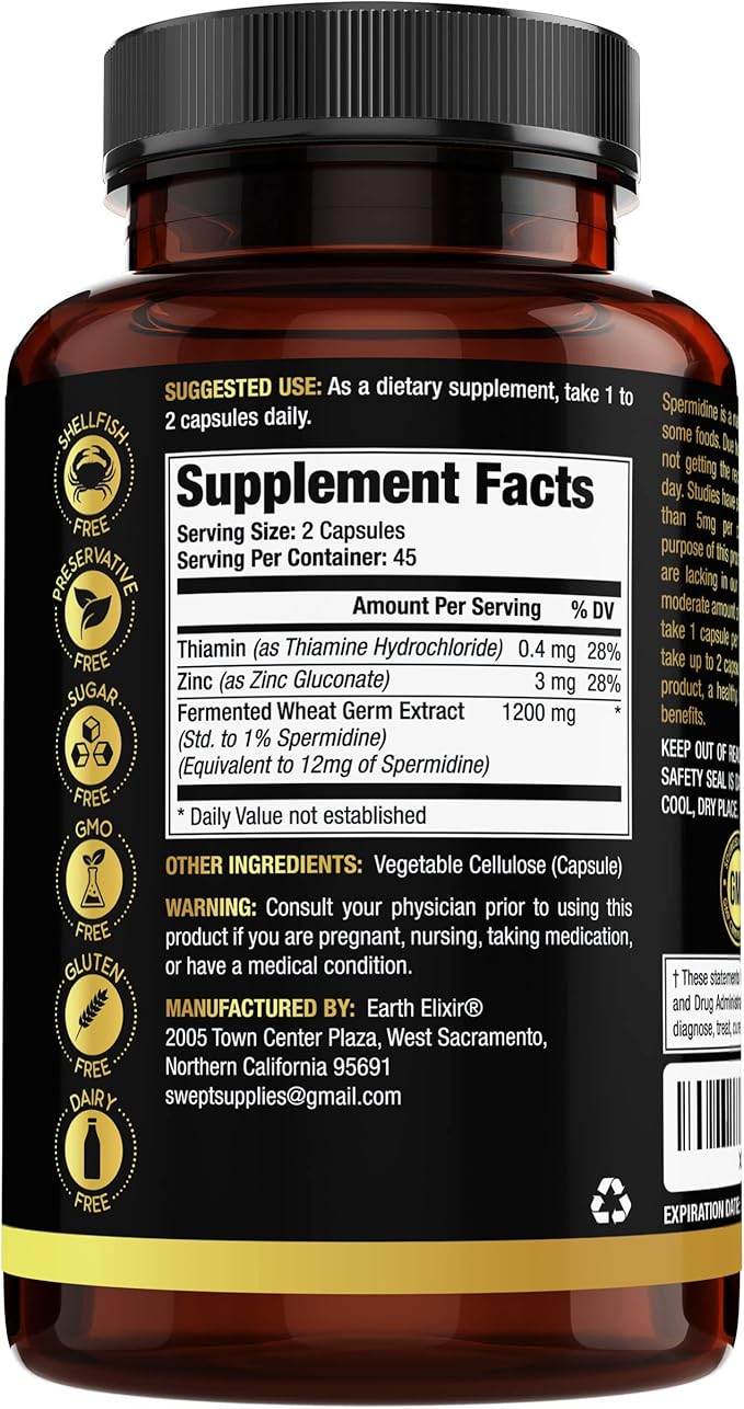 Spermidine Supplements 1200mg (90 Capsules) – Anti Aging - 3rd Party Tested (12mg Spermidine Powder) Max Purity - 100% Pure Espermidina- Fermented Wheat Germ Extract - NMN Alternative