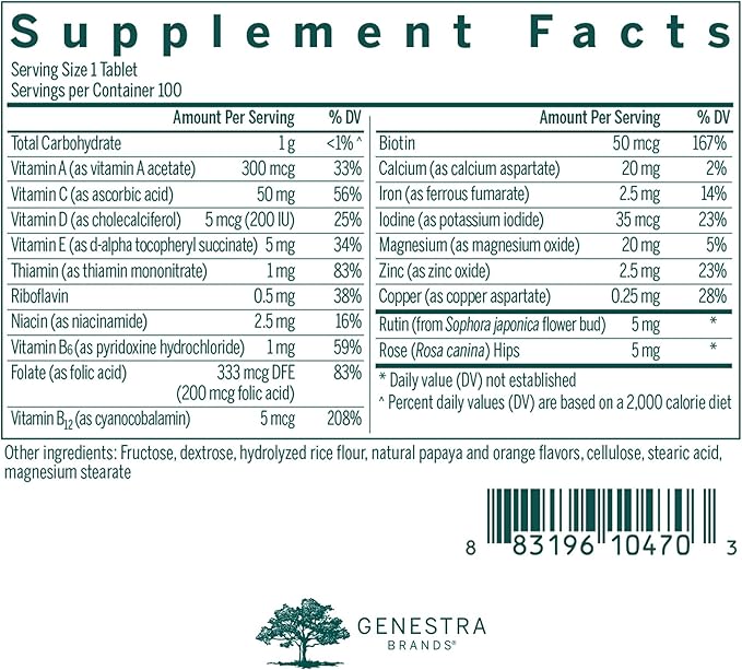 Genestra Brands Children's Chewable Vitamins | Vitamin-Mineral Supplement | 100 Chewable Tablets | Natural Papaya and Orange Flavor