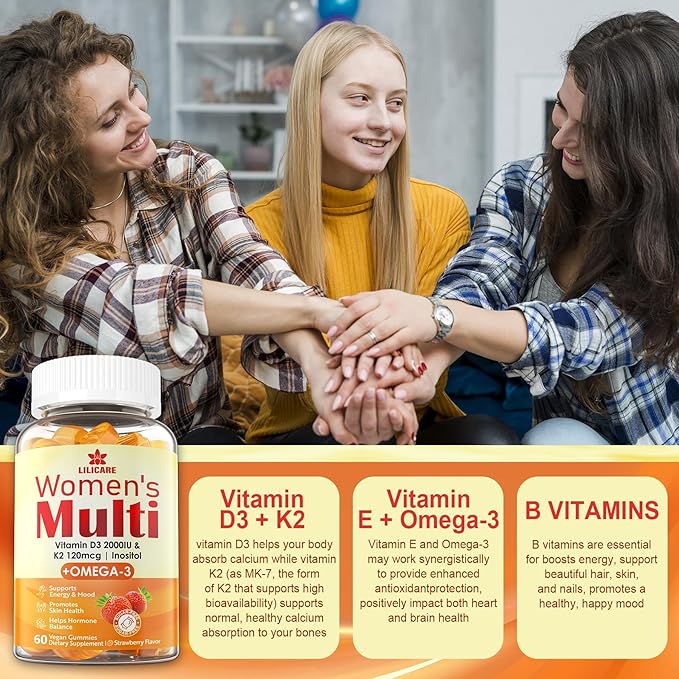 Womens Multivitamin Gummies, Sugar-Free Methylated Multivitamins w/D3 + K2, Vegan Omega 3, Algae Calcium, Daily Vitamin A C E B6 B12 Folate, Inositol, Minerals for Energy, Mood, Bone, Hormore, 120 Cts