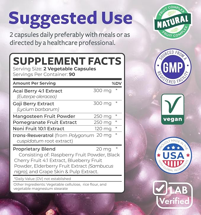 Super Antioxidants Supplement - Powerful Super Food Antioxidant Daily Blend - Acai Berry, Goji, Pomegranate & Trans Resveratrol - Herbal and Fruit Formula For Women and Men - Skin Care - 180 Capsules