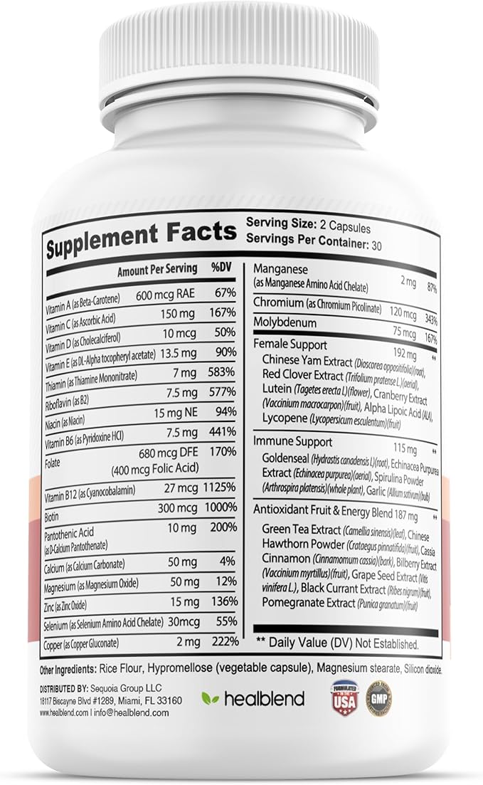 Women's Multivitamin with Biotin (Without Iron) - 20 Essential Vitamins and Minerals, Supports General Health, Energy & Immunity - 60 Capsules