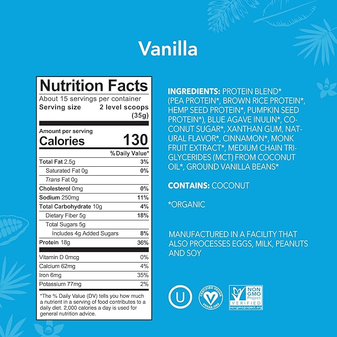 ALOHA Organic Plant Based Protein Powder, Stevia Free, Vanilla, 19.6 oz, 15 Servings PACKAGING MAY VARY
