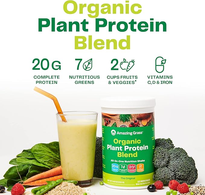 Amazing Grass Organic Plant Protein Blend: Vegan Protein Powder, New Protein Superfood Formula, All-In-One Nutrition Shake with Beet Root, Original, 12 Servings
