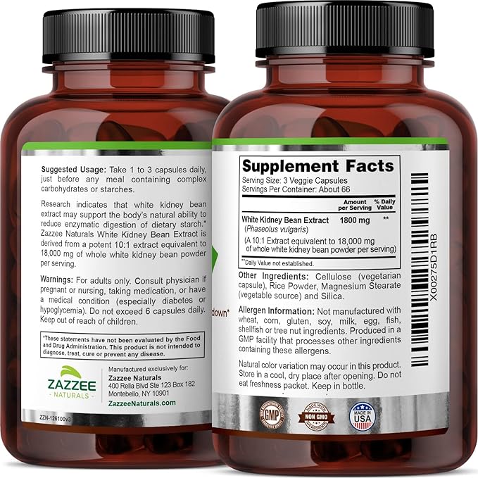 Zazzee White Kidney Bean 10:1 Extract, 18,000 mg Strength, 200 Vegan Capsules, Over 2 Month Supply, Standardized and Concentrated 10X Extract, 100% Vegetarian, All-Natural and Non-GMO