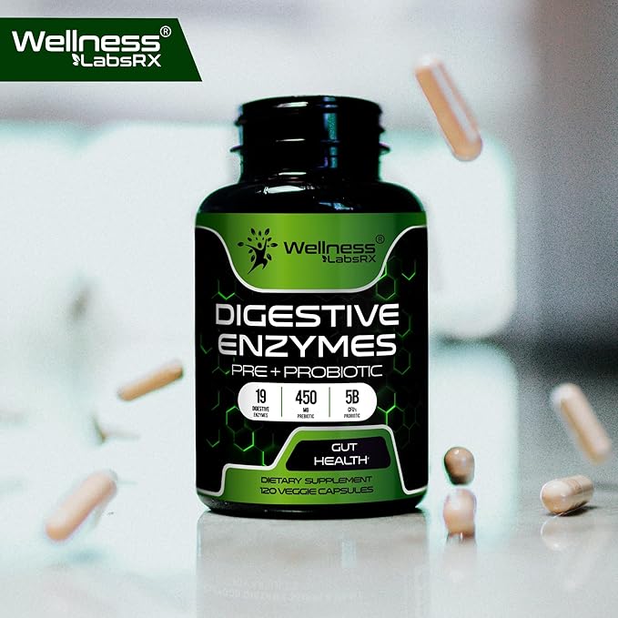 Digestive Enzymes with Probiotics and Prebiotics - 450mg - 5 Billion CFUs - Pure Super Enzymes for Digestion Capsules - Digestive Enzymes for Women & Men Support Digestive & Gut Health - 120 Count