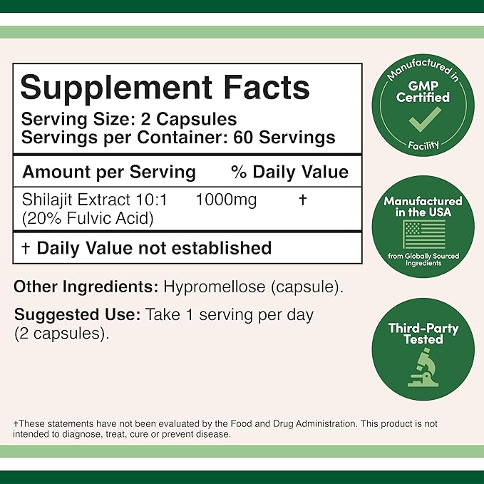 Shilajit Pure Himalayan Capsules (20% Fulvic Acid Supplement) 1,000mg of Authentic Shilajit Extract per Serving, 120 Count (High in Trace Minerals, No Fillers) by Double Wood