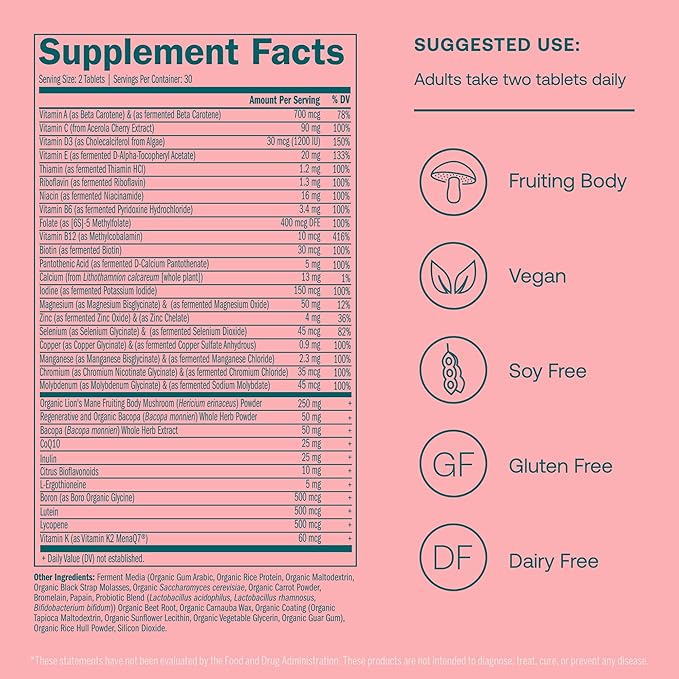 True Grace Daily Women’s Multivitamin 50+ - 60 Easy-to-Swallow Tablets - Immune, Energy, Longevity & Memory Support - Gluten Free, Soy Free, Iron Free, Vegan - 30 Servings