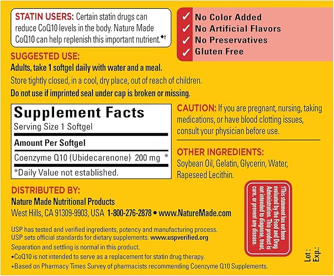 Nature Made CoQ10 200 mg, Dietary Supplement for Heart Health and Cellular Energy Production, 100 Softgels, 100 Day Supply